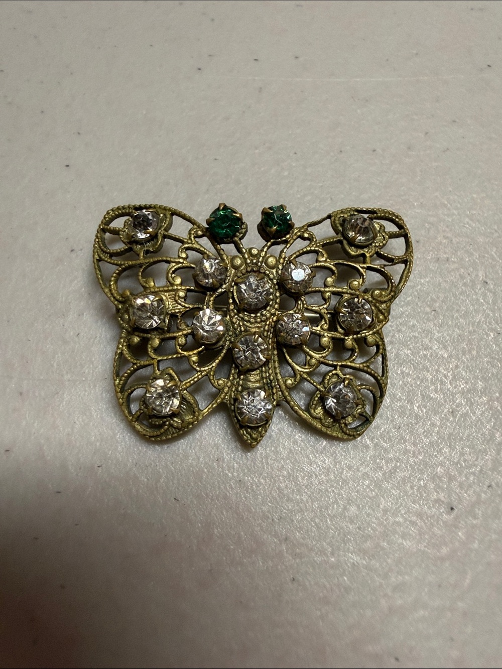 Source Unknown Gold-Tone Butterfly Brooch with Clear and Green Stones